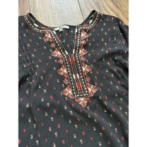MISS ME 3/4 Bell Sleeve Top Black Embroidered Sz LG Western Aztec Date Casual
